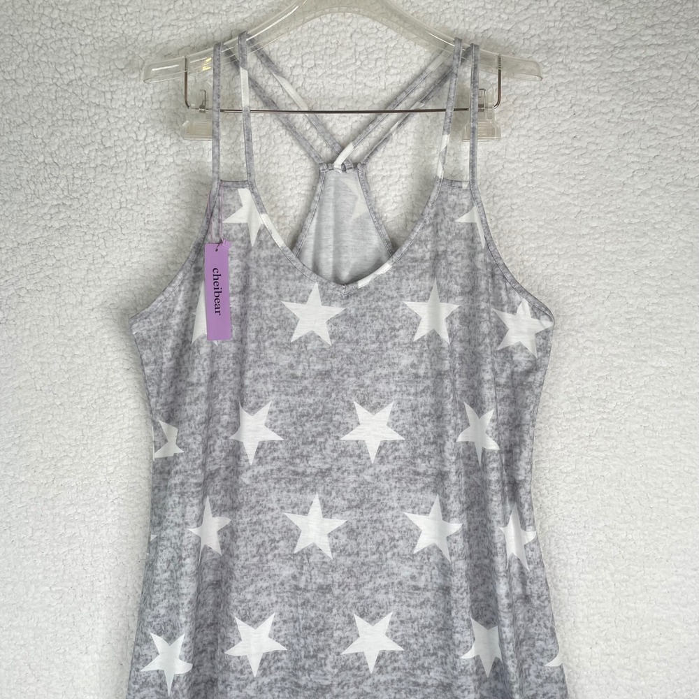Cheibear Womens XL Grey Star Print Sleeveless Racerback Nightgown Chemise NEW